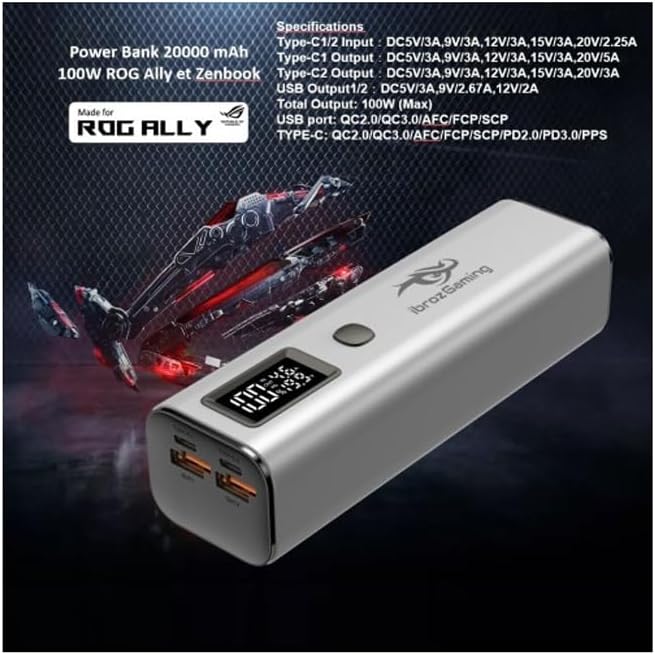 Ibroz Gaming Power Bank USB-C Silber 20000mAh + USB-C Kabel für ASUS ROG Ally