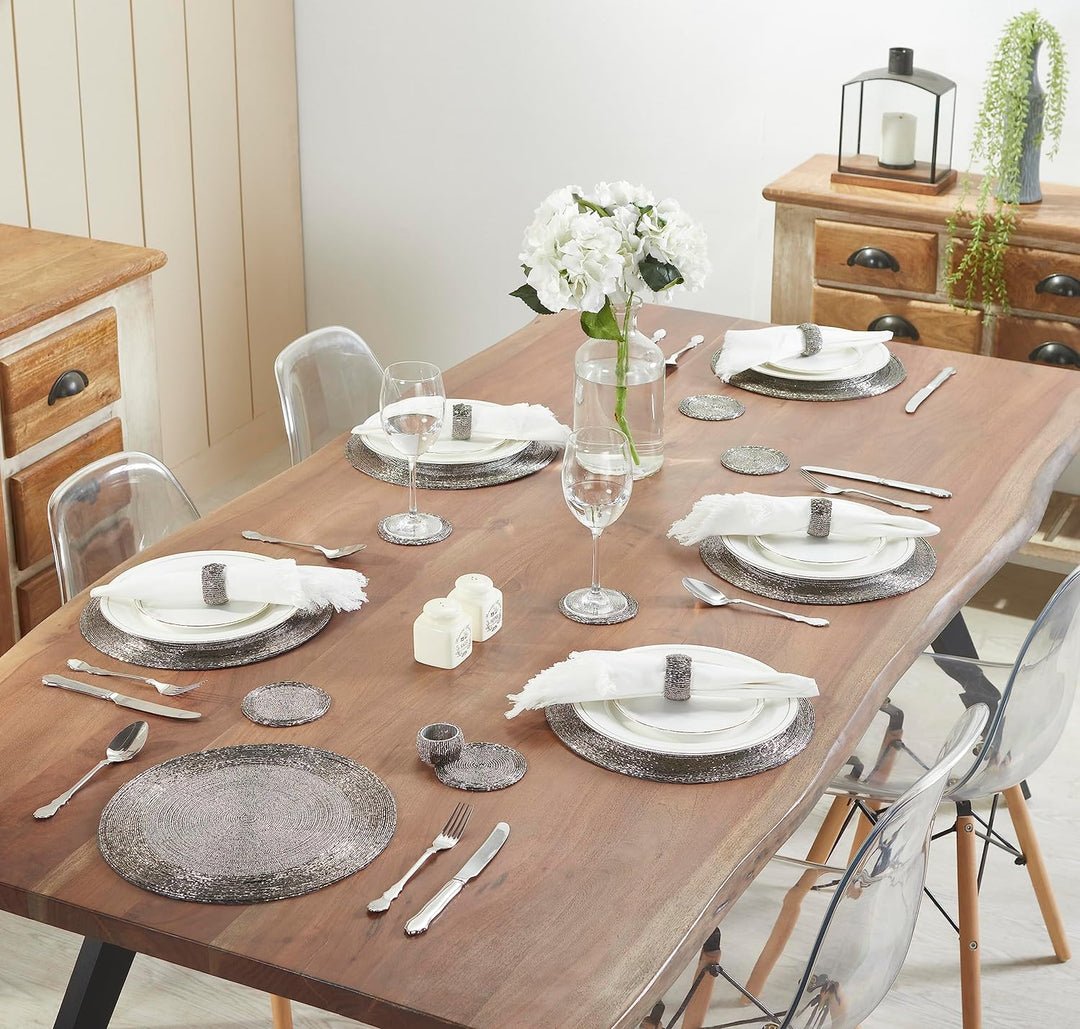 Penguin Home® Set von 12 Tischsets mit Glasperlen, Untersetzer und Serviettenringe - Antik Silber Fa