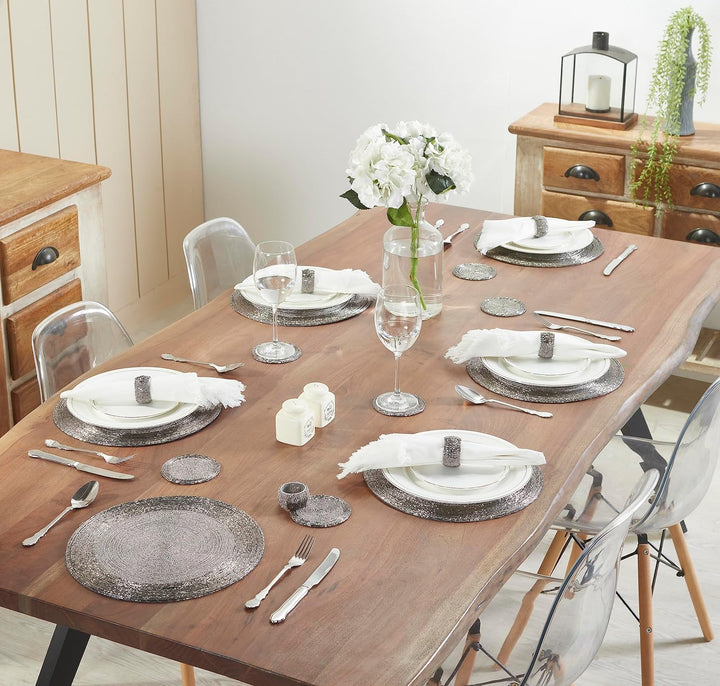 Penguin Home® Set von 12 Tischsets mit Glasperlen, Untersetzer und Serviettenringe - Antik Silber Fa