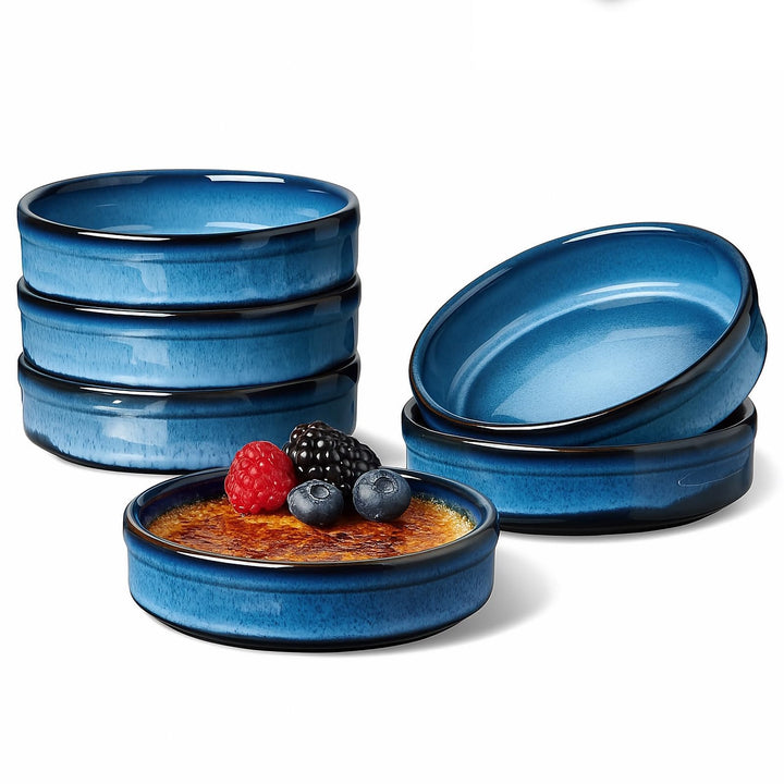 ONEMORE Auflaufförmchen, 6 Stück Soufflé-Förmchen, flache Keramik-Crème-Brûlée-Schälchen, 118 ml, bl