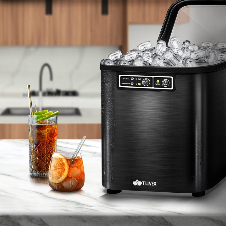 tillvex Eiswürfelmaschine Edelstahl 12 kg - 24 h | Eiswürfelbereiter 2,2 Liter Wassertank | Ice-Make