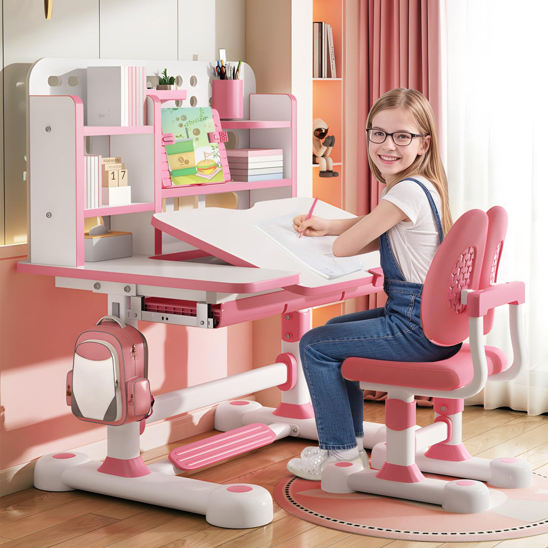 Kinderschreibtisch Set mit Bücherständer, Schüler-Schreibtisch und Stuhl, Kinderschule, Studiertisch