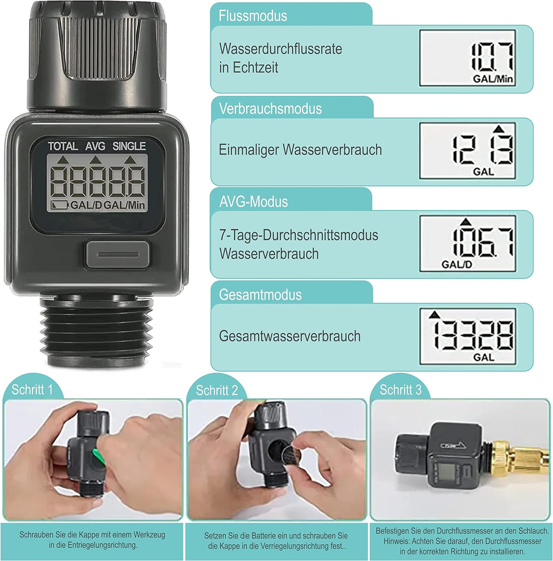 rainfactory Digitaler Wasserzähler, Wassermengenzähler mit LCD Display, Wasseruhr zur Kontrolle des