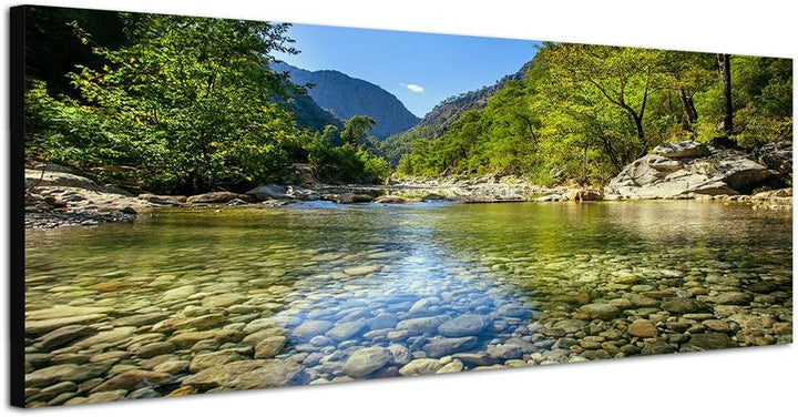 Paul Sinus Art Panoramabild auf Leinwand und Keilrahmen 150x50cm Wald Bach Steine Wildnis Natur Somm