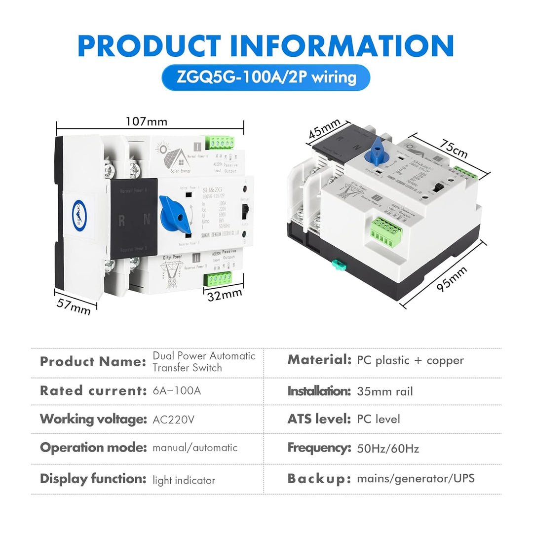 DEWIN Automatischer Transferschalter, 2P 100A 230V AC Transferschalter Dual Power Fast Switching Aut