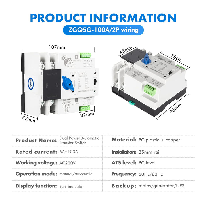 DEWIN Automatischer Transferschalter, 2P 100A 230V AC Transferschalter Dual Power Fast Switching Aut