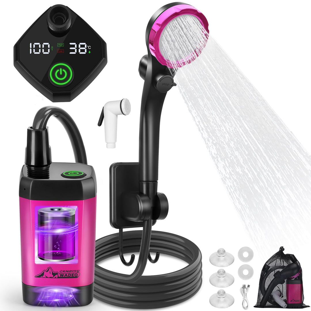 WADEO Tragbare Campingdusche [6000-8000mAh], Camping Dusche mit Pumpe und 2M Schlauch, Akkustands- u