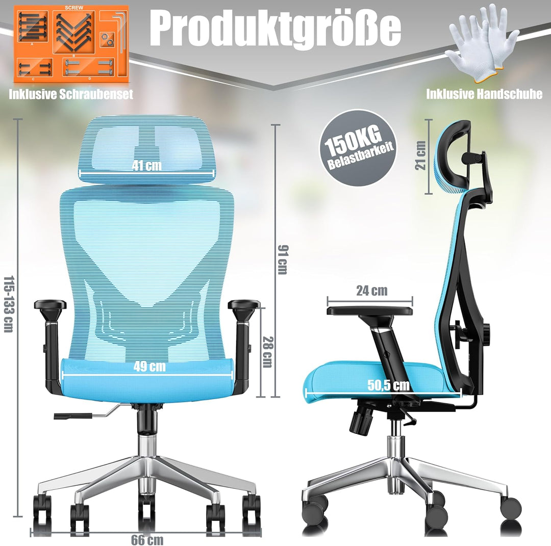 KESSER® Bürostuhl Ergonomisch mit verstellbaren Armlehnen | Drehstuhl mit Lendenwirbelstütze Rückens