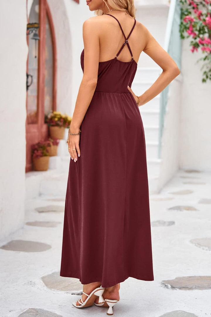 OUGES Damen Sommerkleid V-Ausschnitt Maxikleid Rückenfreies High Waist Spaghetti Strap Freizeitkleid