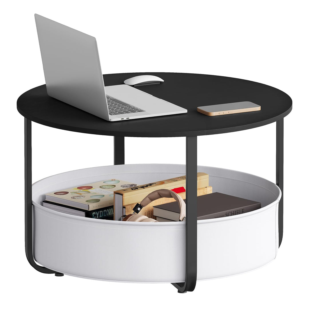 WOLTU Runder Couchtisch Ø 80 x H 50 cm, Nachttisch mit Aufbewahrungskorb, aus PB-Platte + Metall + S