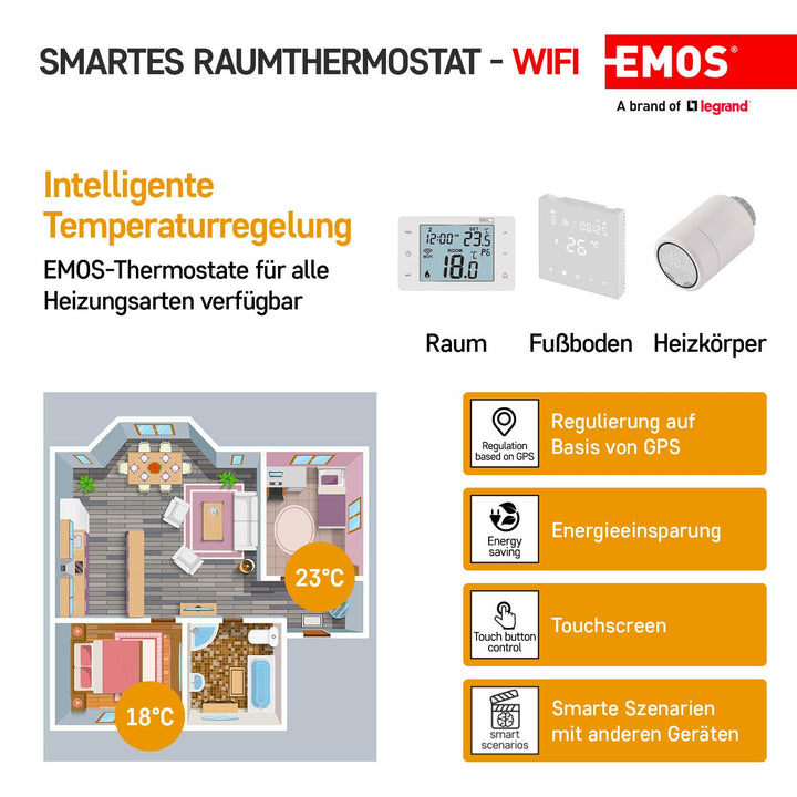 EMOS GoSmart WiFi Raumthermostat mit App, programmierbarer Smart Thermostat für Heizung, Kühlung, dr