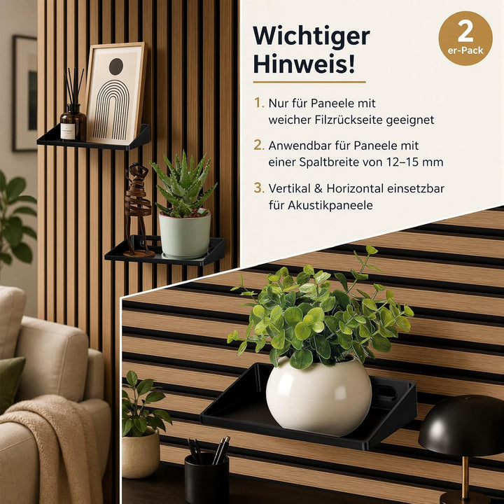 2 Stück Regal für Akustikpaneel - Wandregal Ohne Bohren mit 8 Schrauben, Schwarze Akustikpaneele Zub