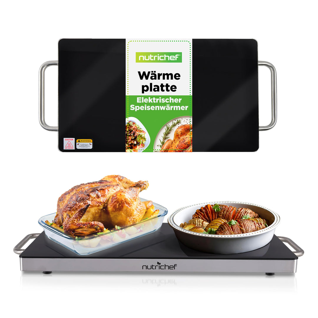 NutriChef Warmhalteplatte Elektrisch – 50,8 x 30,5 cm Glas-Kochplatte mit Griffen für Speisen, Für B