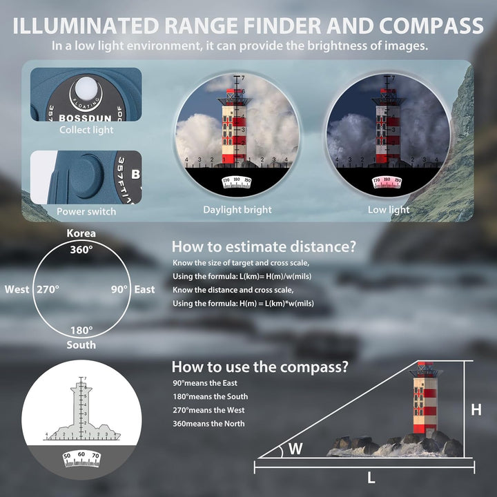 10x50 Marine Fernglas mit beleuchtetem Entfernungsmesser und Kompass, IPX7 wasserdicht, BAK4-Prismen