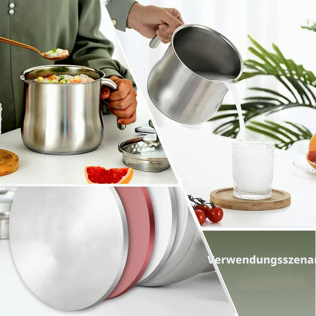 2L Milchtopf Edelstahl mit Deckel und Ausgiesser, Kochtopf Induktion mit Griff, Simmertopf Puddingto