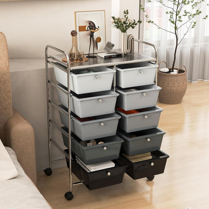GOPLUS Rollwagen mit 10 Schubladen stapelbar, Rollcontainer mit Ablage & Metallgestell, Badregal, Au