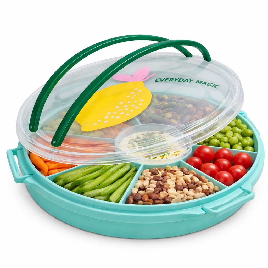 Rice Serviertablett rund Ø 32 cm mit Deckel & Tragegriff – Snack- & Partyplatte mit Fächern, BPA-fre