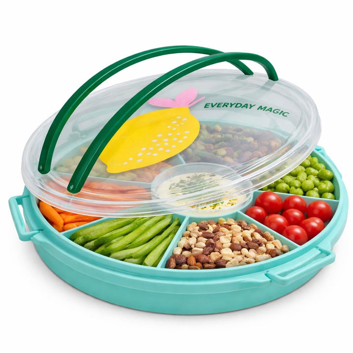 Rice Serviertablett rund Ø 32 cm mit Deckel & Tragegriff – Snack- & Partyplatte mit Fächern, BPA-fre