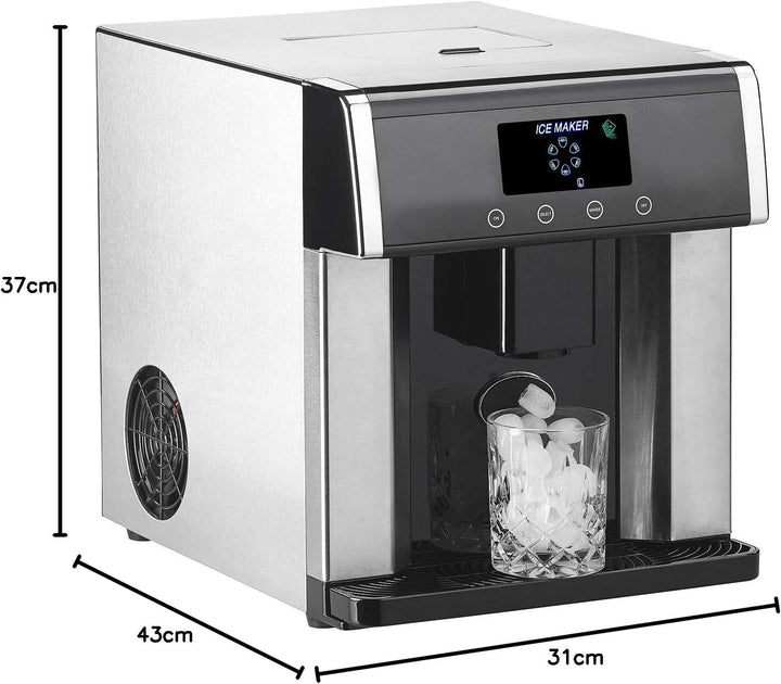 Rosenstein & Söhne Eiswürfelbereiter: Eiswürfelmaschine & Wasserspender V2 mit XL-Display, Edelstahl