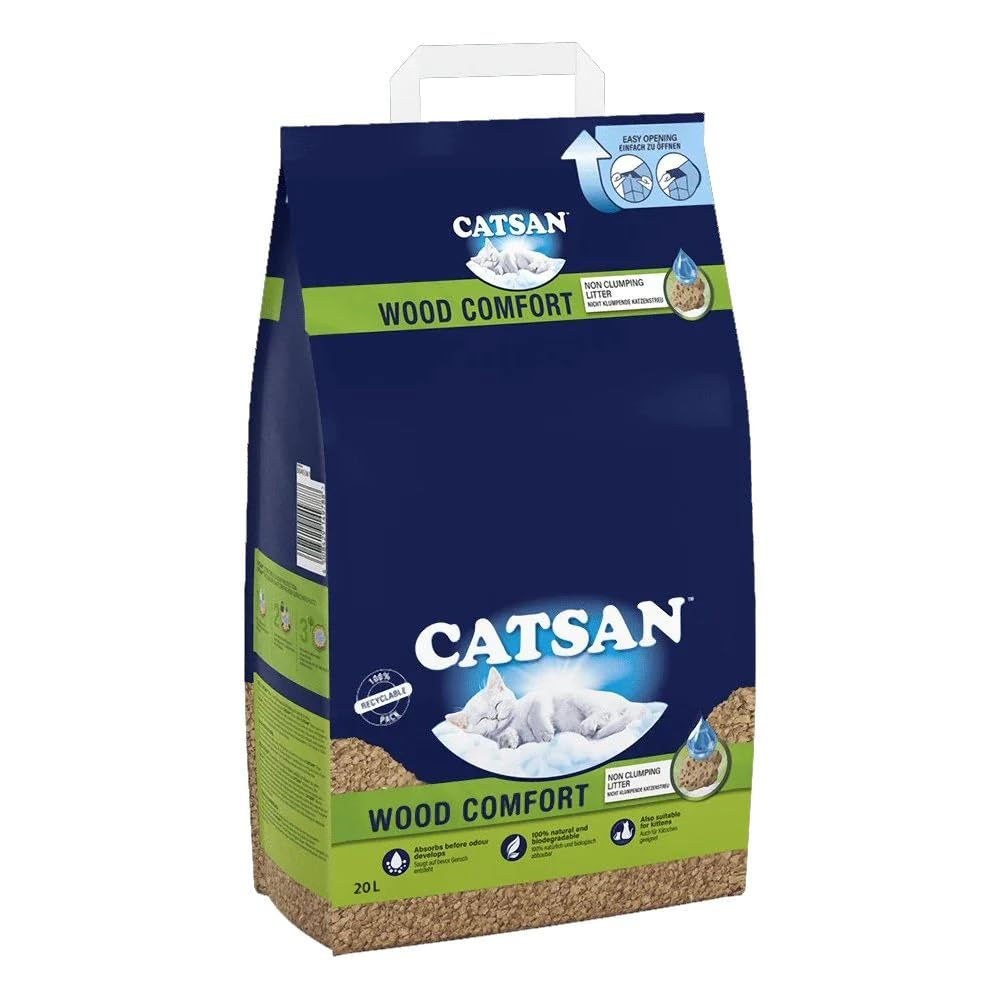 Catsan Wood Comfort Streu, 100% biologisch abbaubar, extra saugfähig, 20-Liter-Beutel Holz, 20 l, Ho