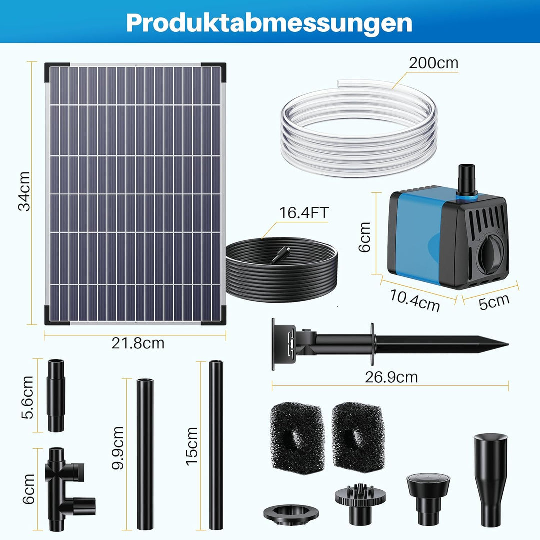 Biling Solar Springbrunnen für Aussen 12W 450L/H Leise Teichpumpe Solar mit 4 Düsen Schlauch, Solarb