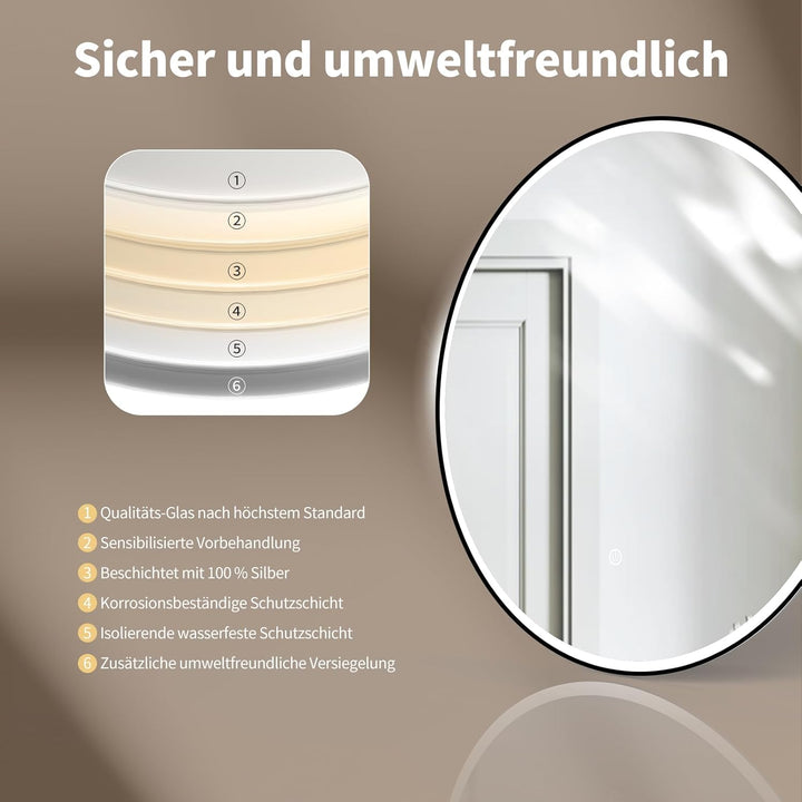 HOKO Design Badspiegel rund 80 cm Amsterdam mit Energiesparend LED Beleuchtung und Metall Rahmen Sch