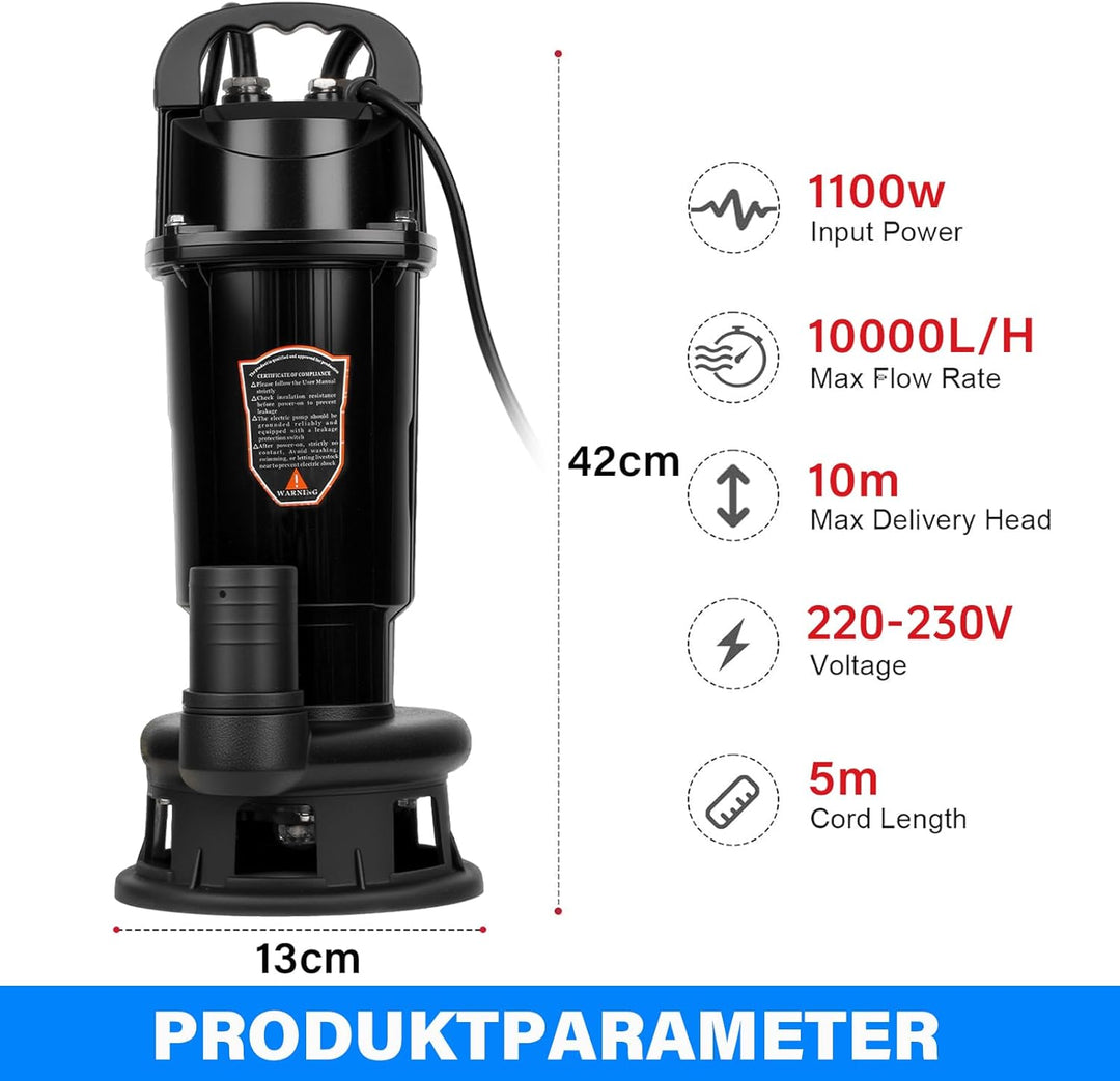 Schmutzwasserpumpe mit integriertem Schwimmerschalter, Abwassertauchpumpe Tauchpumpe 1100W, 10000 L/