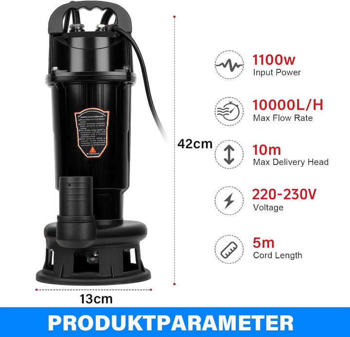 Schmutzwasserpumpe mit integriertem Schwimmerschalter, Abwassertauchpumpe Tauchpumpe 1100W, 10000 L/