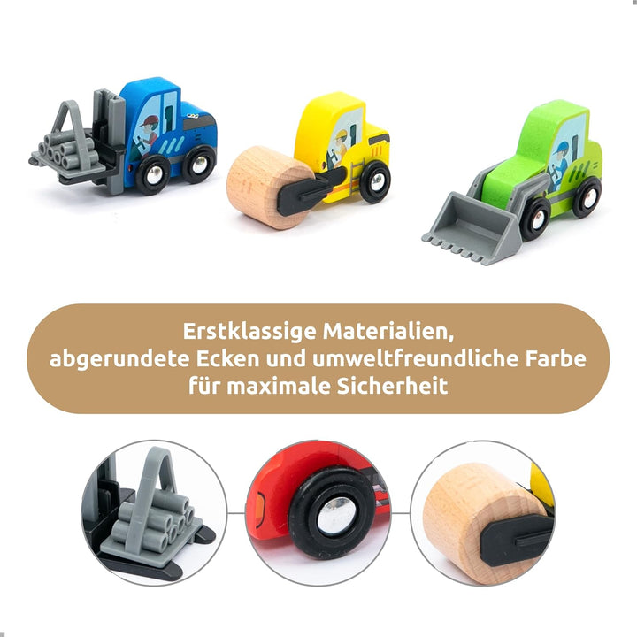 umu® Holz Baufahrzeuge Spielset für Kinder kompatibel mit Brio World Eisenbahn Sets & Anderen Marken