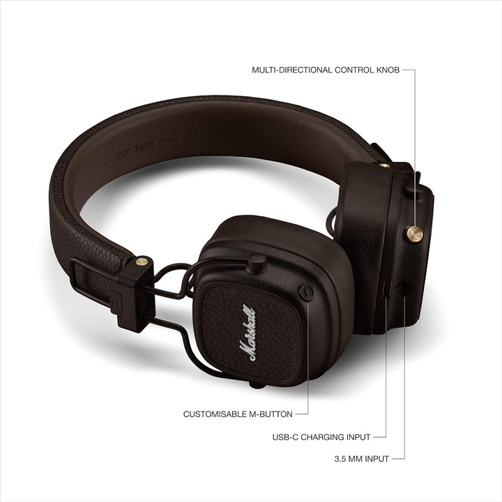 Marshall Major V Bluetooth Kopfhörer, 100 Stunden Spielzeit – Braun Brown, Brown