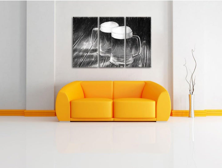 Pixxprint Zwei Masskrüge Bier als Leinwandbild/Grösse: 3 Teilig (120x80) cm/Wandbild/Kunstdruck/fert