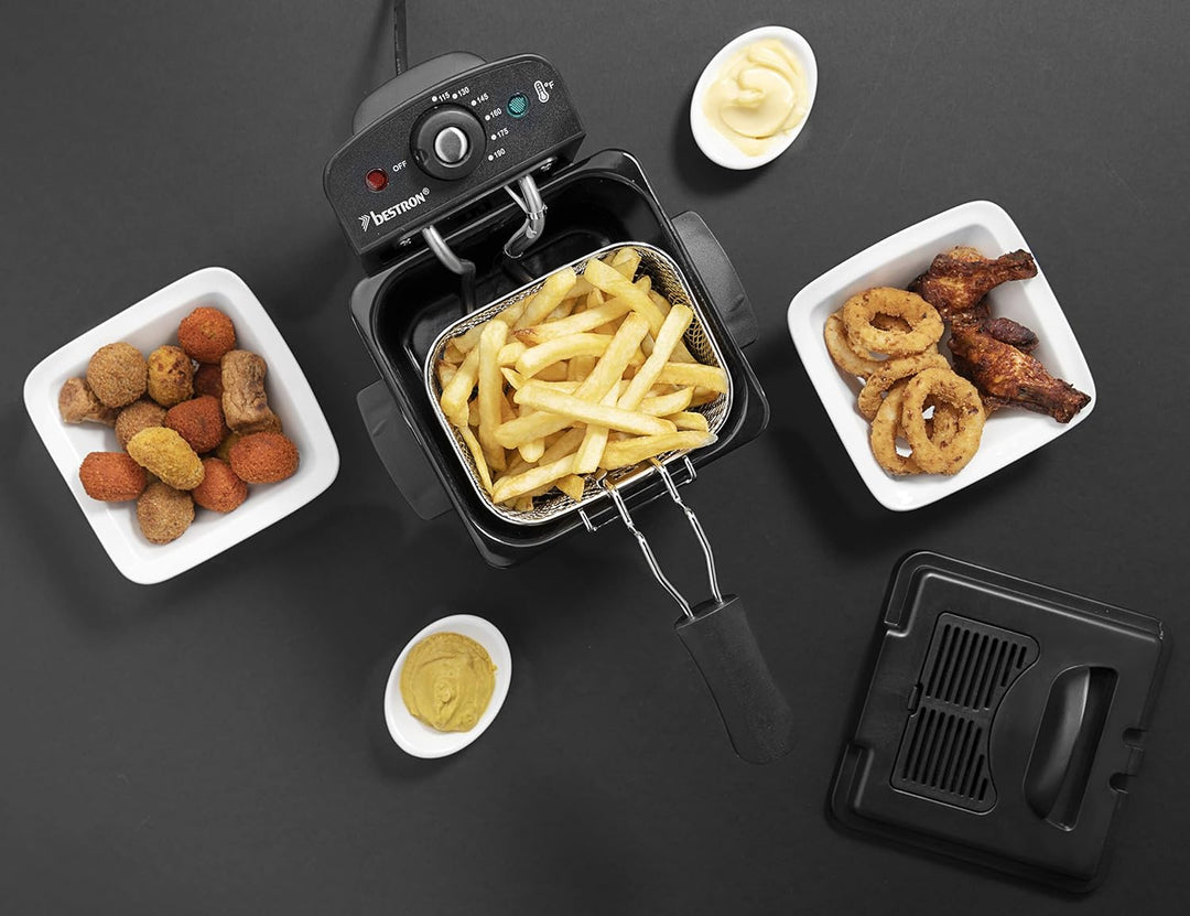 Bestron Öl-Fritteuse, Mini Fritteuse für 1 Portion Pommes, Fisch oder Nuggets, inkl. Kaltzonentechno