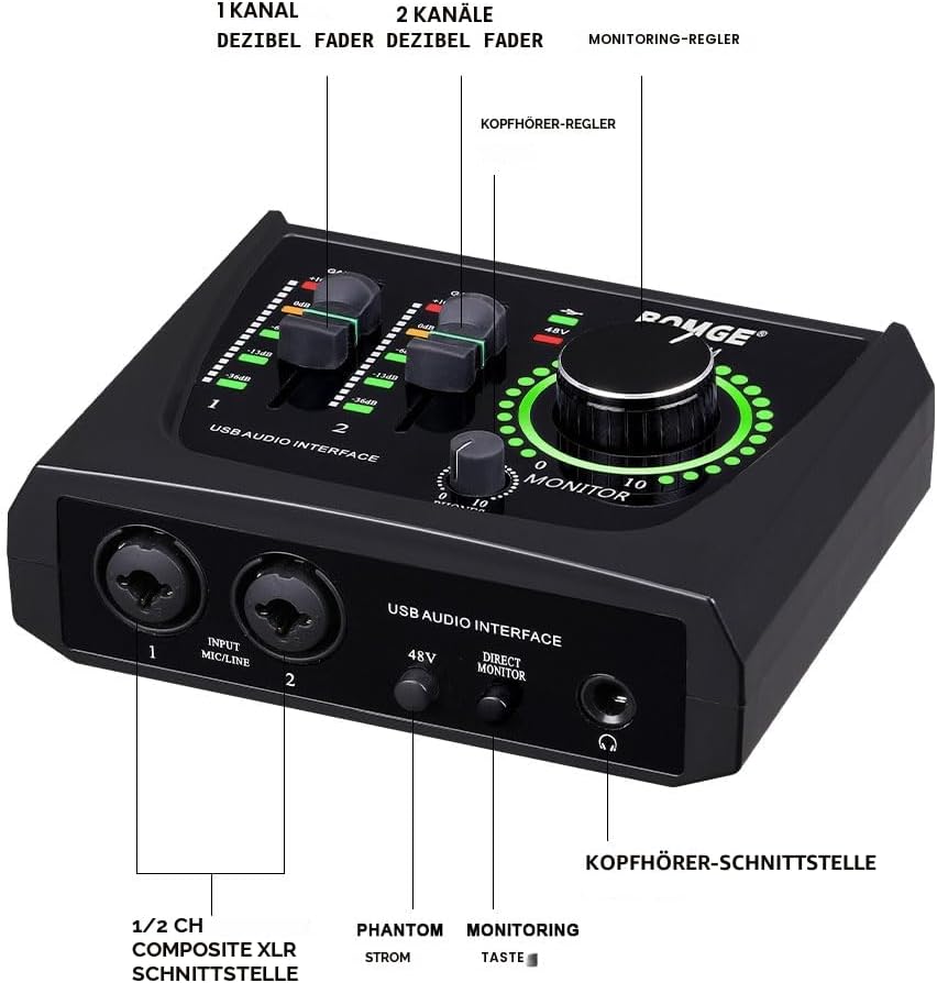 BOMGE Mini-2-Kanal-USB-Audio-Schnittstelle für Aufnahmen, Streaming und Podcasting, mit XLR/48 V Pha