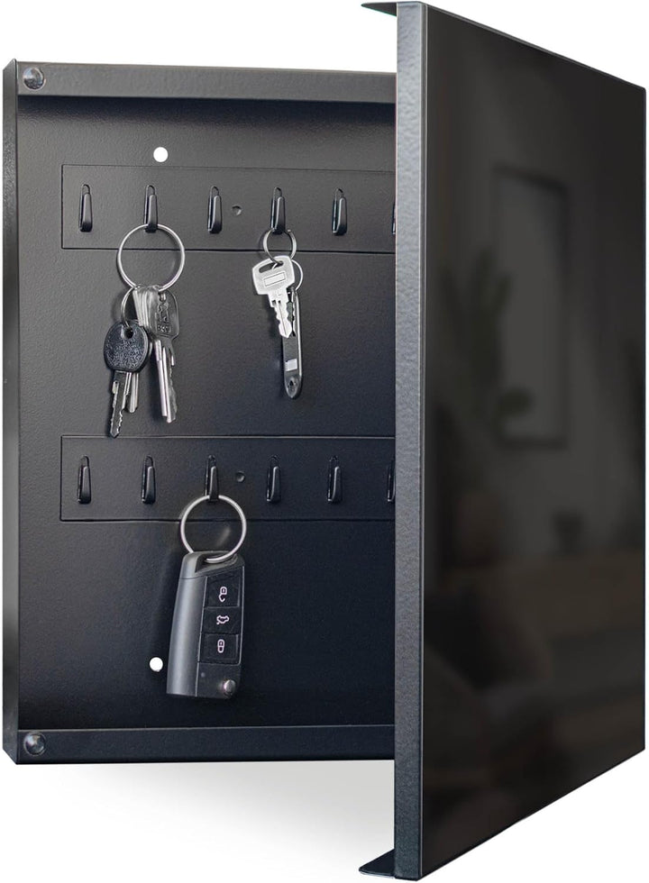 banjado® Grosser Schlüsselkasten Glas/Schlüsselbox 30cm x 30cm mit 50 Haken - Motiv Tiefschwarz/Schl