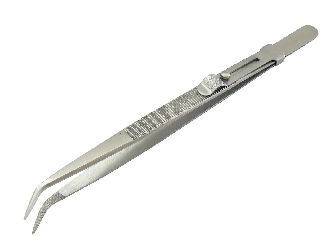 Lötpinzette - Klemmpinzette - mit Schloss Technische Pinzette, abgewinkelte Spitze, Länge 16 cm,
