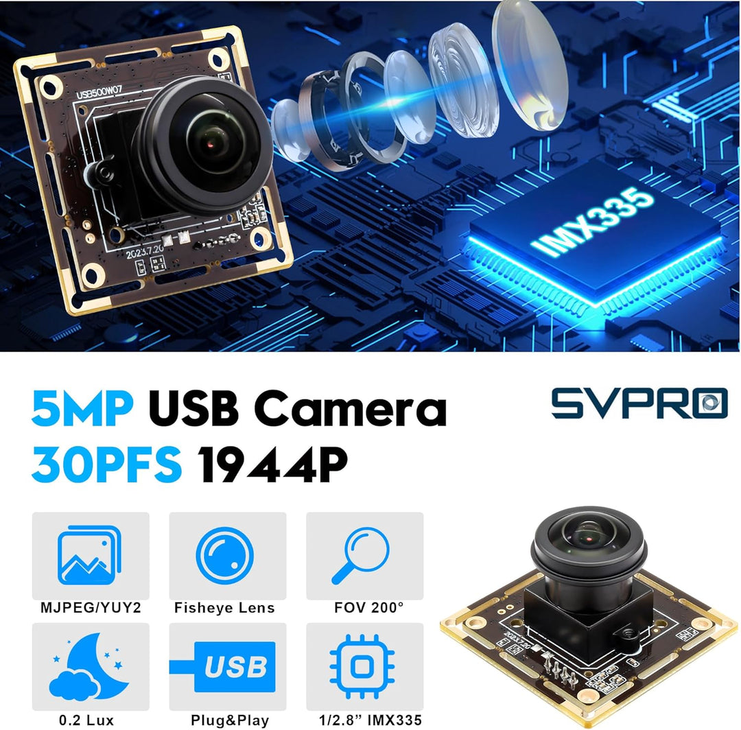 Svpro 5MP 30FPS USB Kameramodul, M12 Fisheye Objektiv, Ultra Weitwinkel 200 Grad Webcam Board IMX335