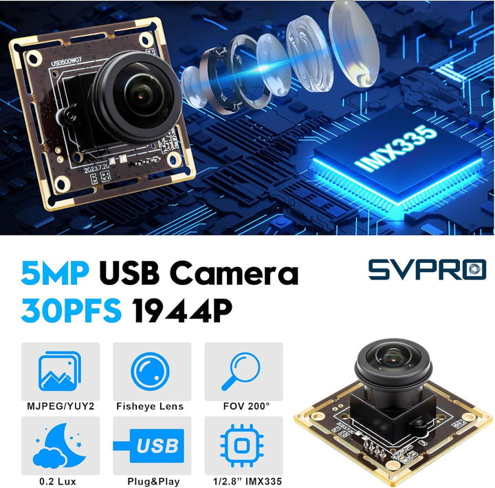 Svpro 5MP 30FPS USB Kameramodul, M12 Fisheye Objektiv, Ultra Weitwinkel 200 Grad Webcam Board IMX335