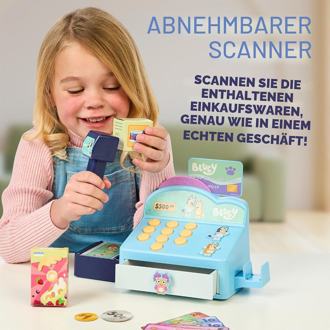 Bluey – Kasse. Drücke auf die Knöpfe, um Pieptöne, Geräusche und Sätze von Bluey und Bingo abzuspiel