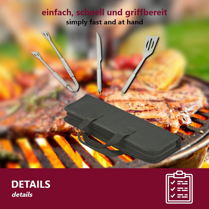 3X Grillbesteck Set Edelstahl, Grill Zubehör für Barbecue, Grillkoffer mit Grillwender, Fleischgabel