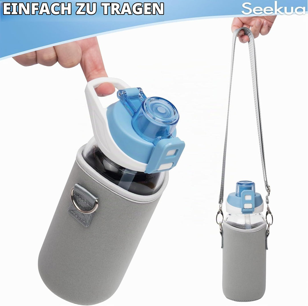 Seekua 0.6l Sport Trinkflasche Glas Flasche mit Strohhalm &amp; Zeitmarkierung für Kinder, Schule 600ml