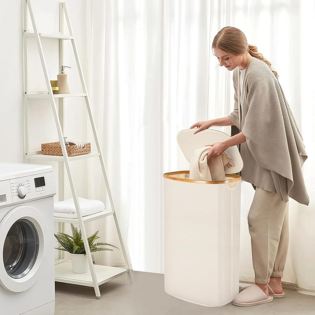 Wäschekorb -100L Waschbarer und hygienischer Gross Wäschesammler schmal mit herausnehmbarem Wäschesa