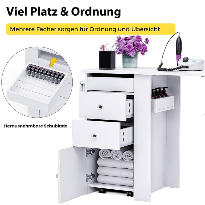 Klappbarer Nageltisch mit Staubabsaugung & LED-Lampe, Mobiler Manikürtisch auf Rollen mit 3 Schublad
