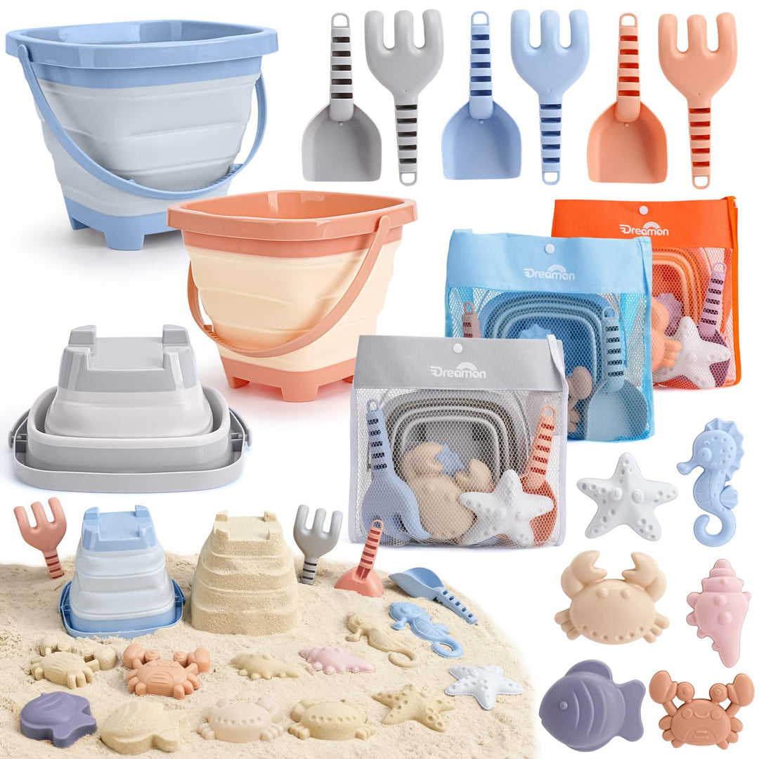 Dreamon Sandspielzeug Strandspielzeug Kinder, 18 PCS Reise Sandspielzeug mit Faltbarer Eimer, Sandka