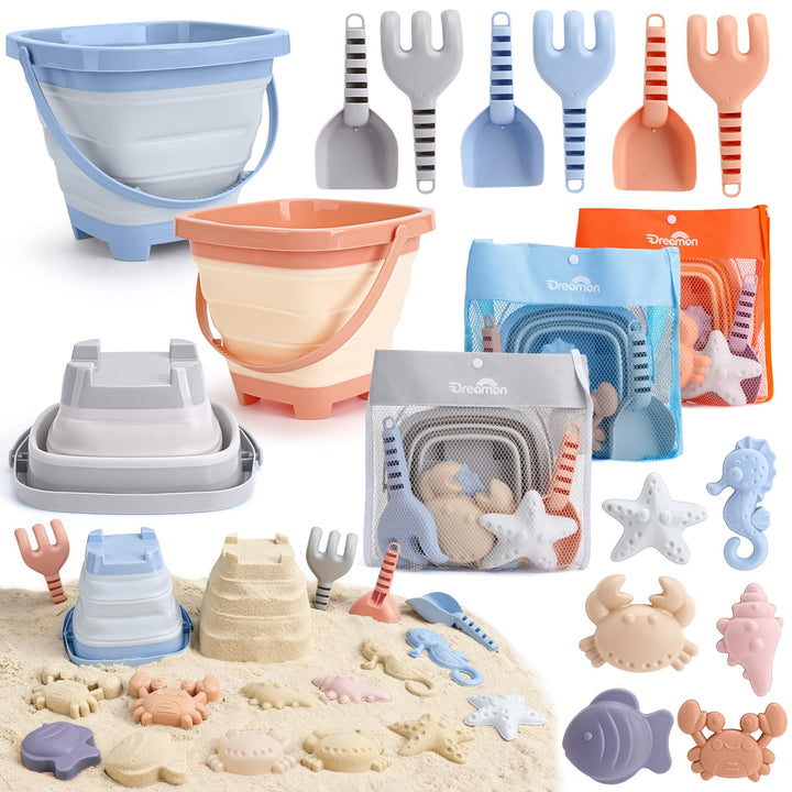 Dreamon Sandspielzeug Strandspielzeug Kinder, 18 PCS Reise Sandspielzeug mit Faltbarer Eimer, Sandka