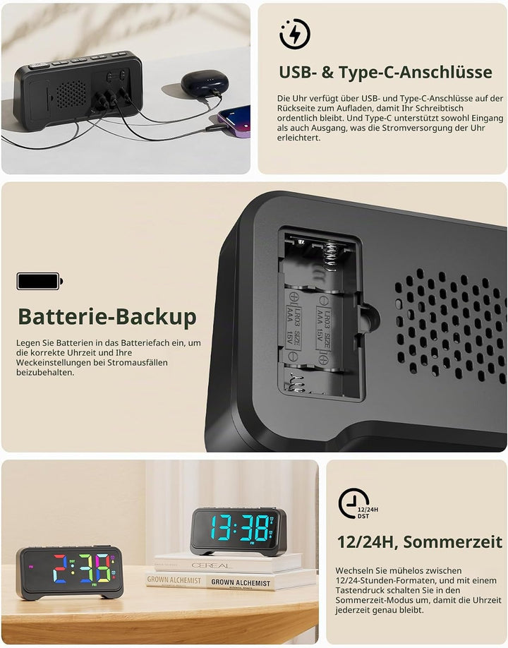 ROCAM LED Wecker Digital mit Grossen Zahlen, Nachttisch Wecker mit Typ-C &amp; USB-Ladeanschluss, Dualer