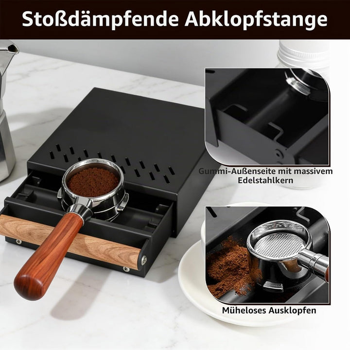Abklopfbehälter Sudschublade, Abschlagbehälter für Siebträger, Knockbox Edelstahl Schwarz mit Holzgr