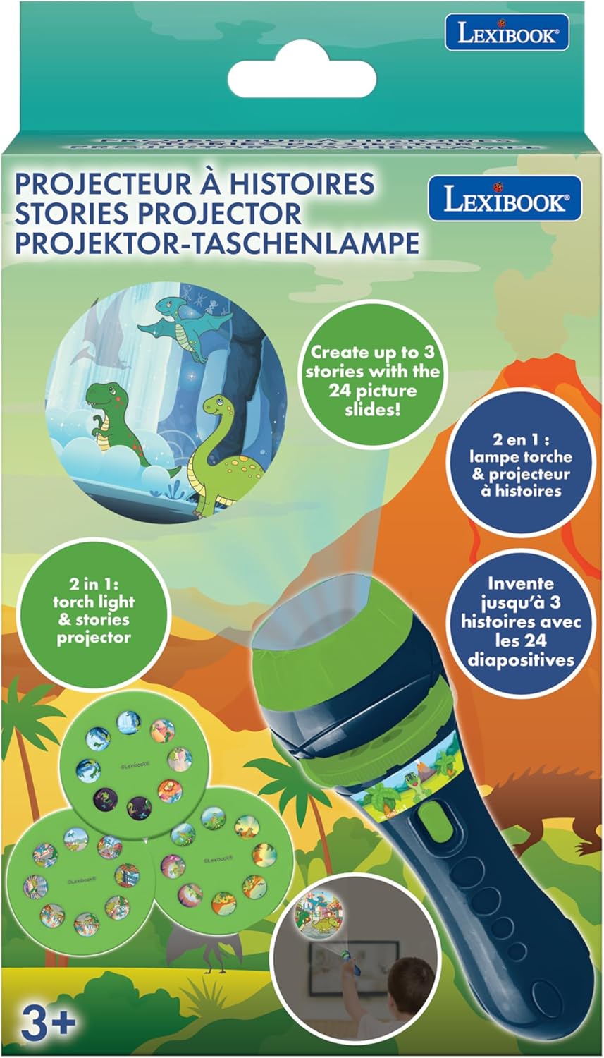 Lexibook - Dinosaurier - Geschichtenprojektor, Taschenlampe und Projektor mit 3 Scheiben, 24 Bilder,