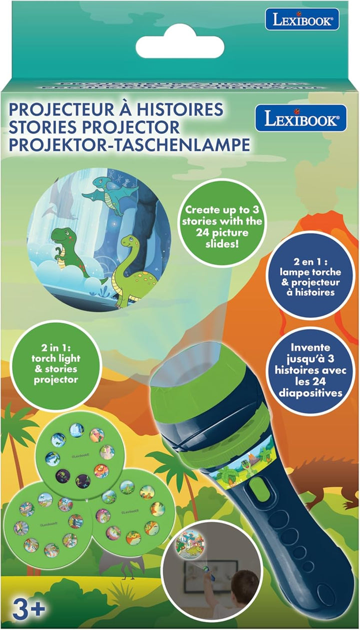 Lexibook - Dinosaurier - Geschichtenprojektor, Taschenlampe und Projektor mit 3 Scheiben, 24 Bilder,
