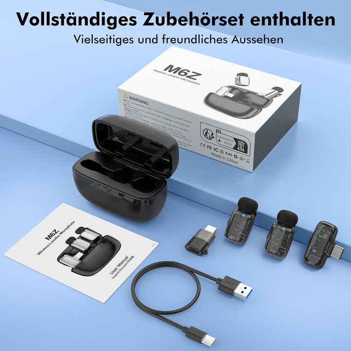 Mini-Mikrofon für iPhone Handly Android, Lavalier Mikrofon Kabellos mit 2er-Pack Plug&Play 100m, Rau