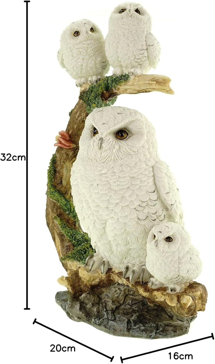 Vogler 839-2667 Schneeeulenweibchen mit 3 Jungen auf AST 32 cm Uhu Eule Tierfigur bunt